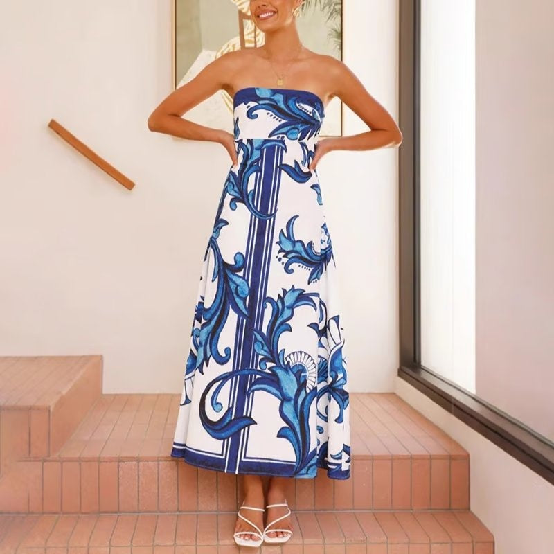 Mencía | Vestido Palabra de Honor Estampado Largo Mujer Sin Tirantes