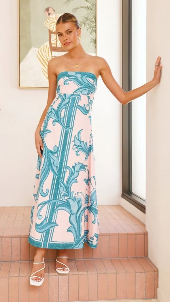 Mencía | Vestido Palabra de Honor Estampado Largo Mujer Sin Tirantes