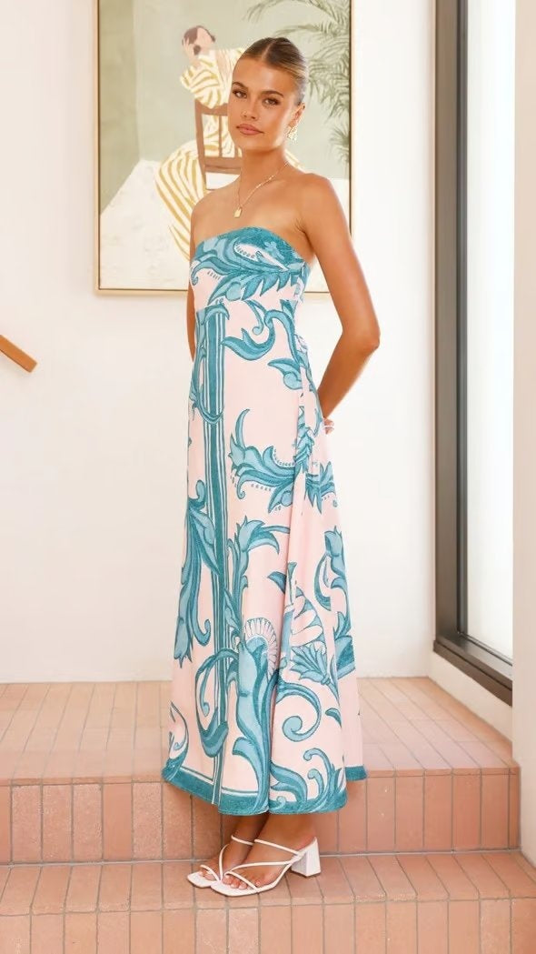 Mencía | Vestido Palabra de Honor Estampado Largo Mujer Sin Tirantes