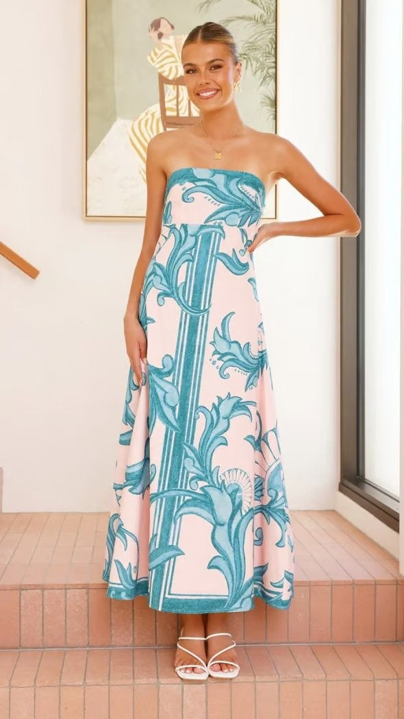 Mencía | Vestido Palabra de Honor Estampado Largo Mujer Sin Tirantes