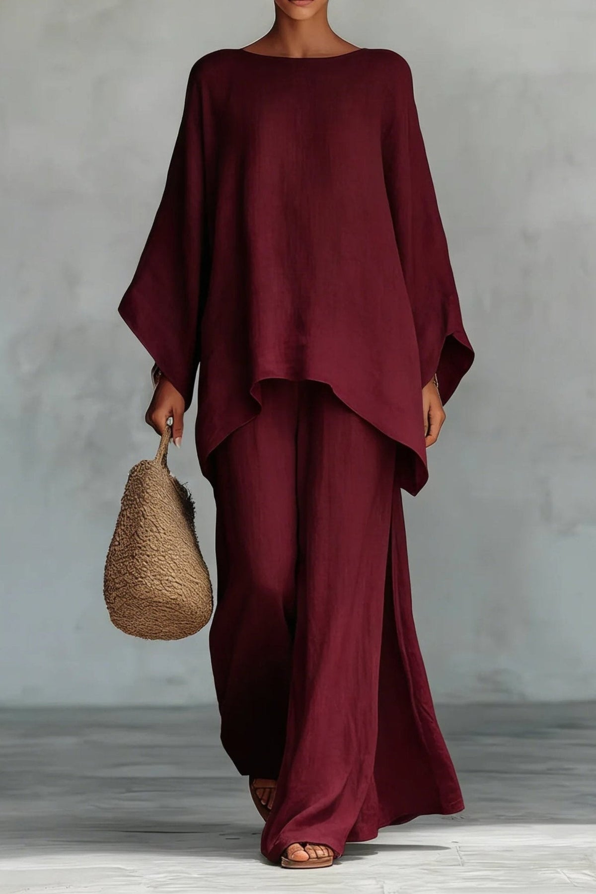 Nerea | Conjunto de Lino Manga Murciélago Mujer Pantalón Pierna Ancha