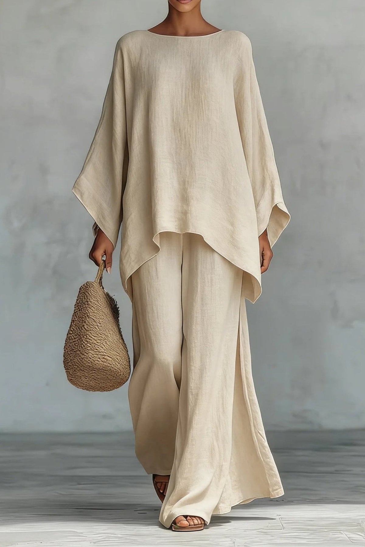 Nerea | Conjunto de Lino Manga Murciélago Mujer Pantalón Pierna Ancha