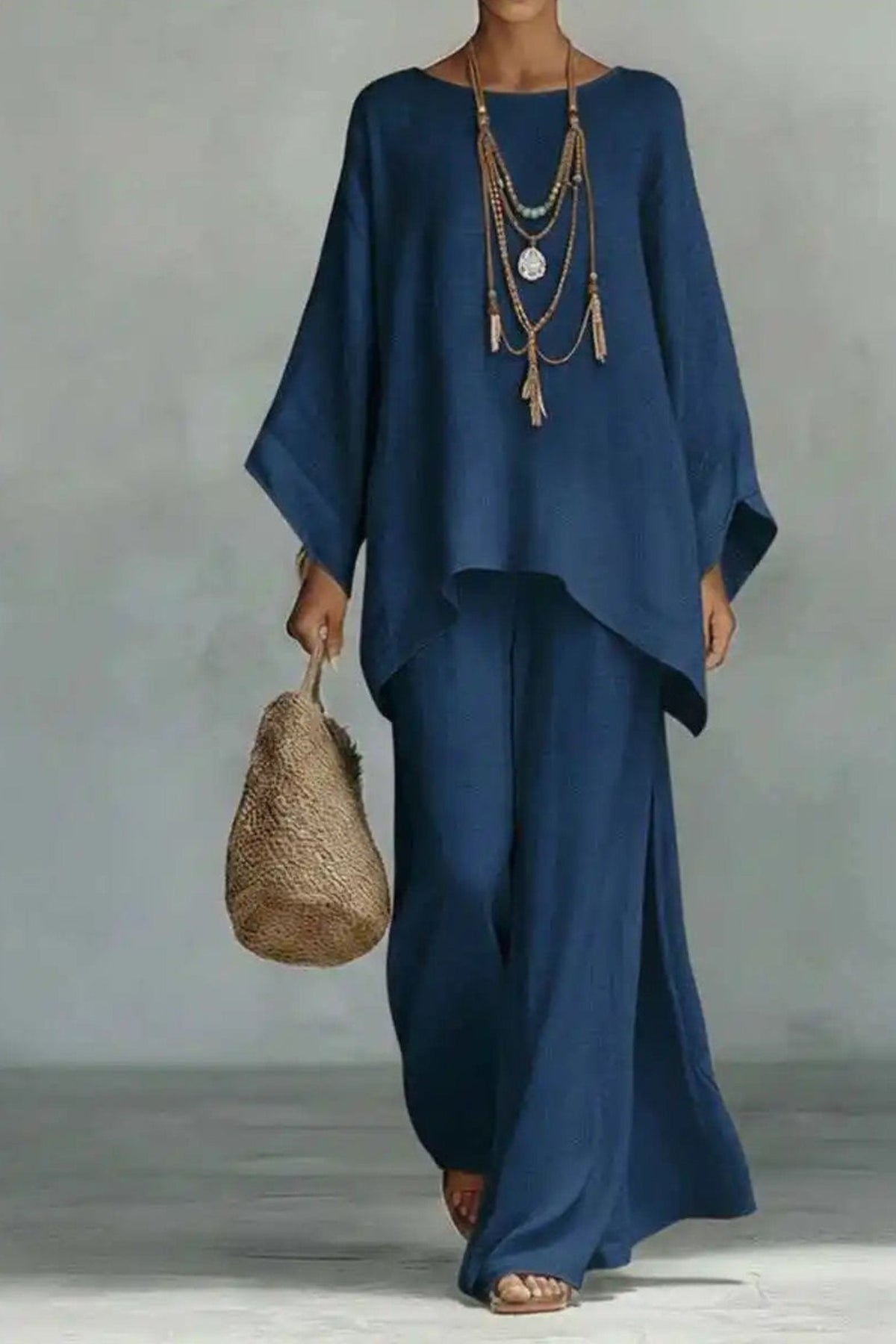 Nerea | Conjunto de Lino Manga Murciélago Mujer Pantalón Pierna Ancha