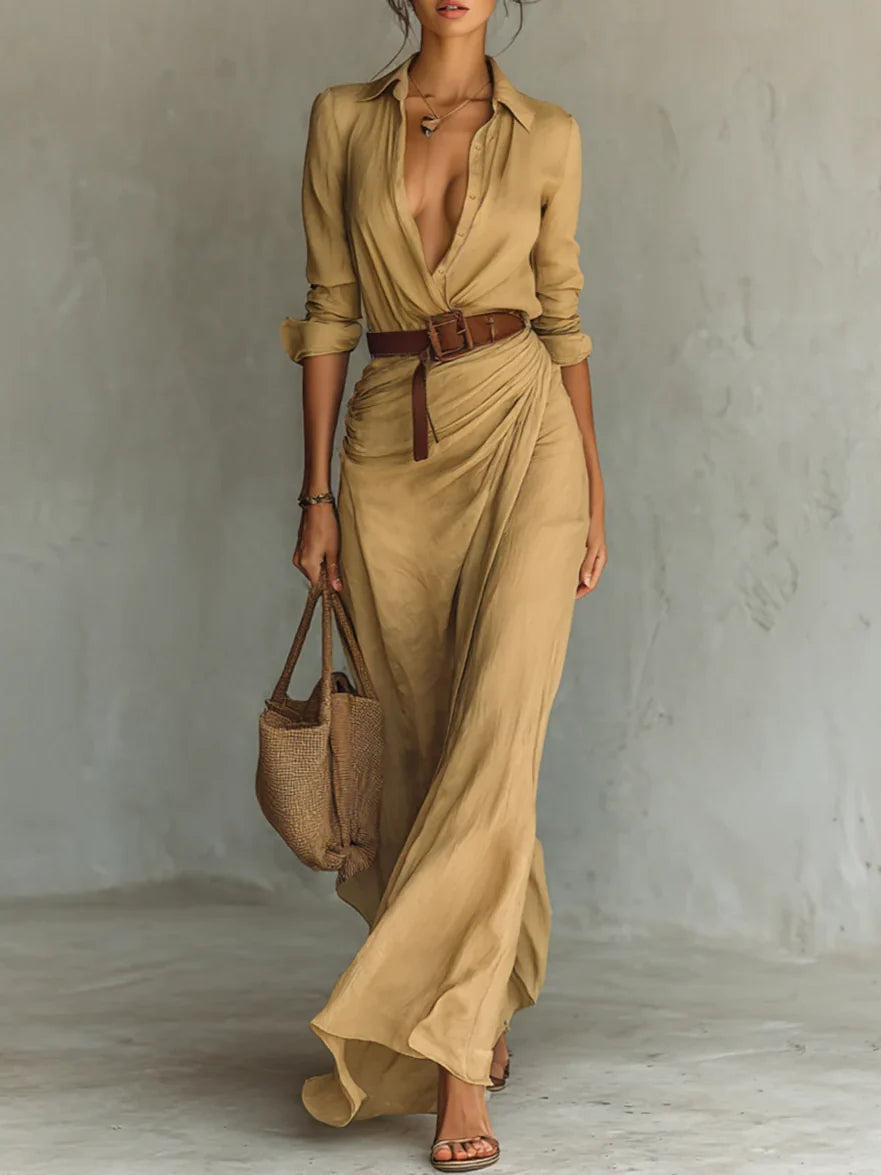 Nerea | Vestido Largo Camisero con Cinturón Mujer Escote V