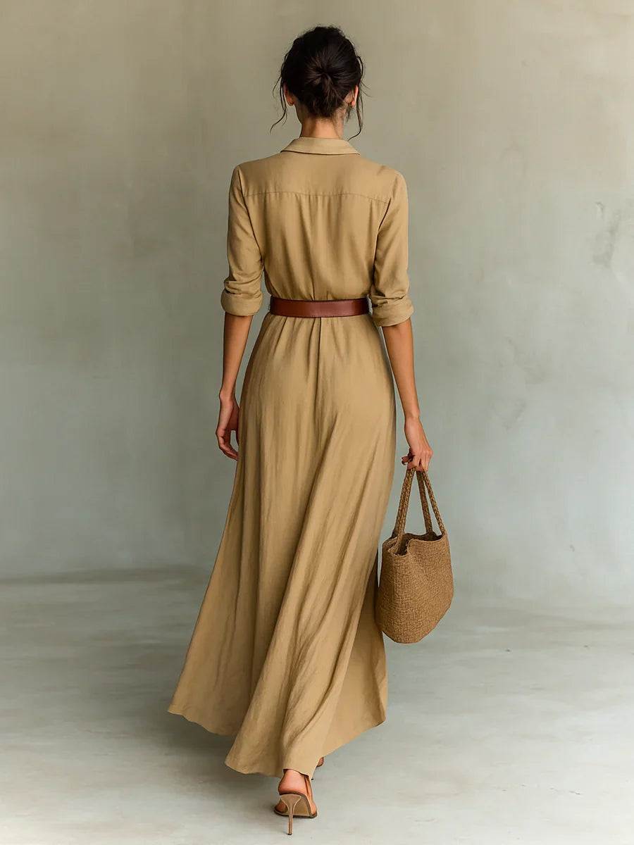 Nerea | Vestido Largo Camisero con Cinturón Mujer Escote V