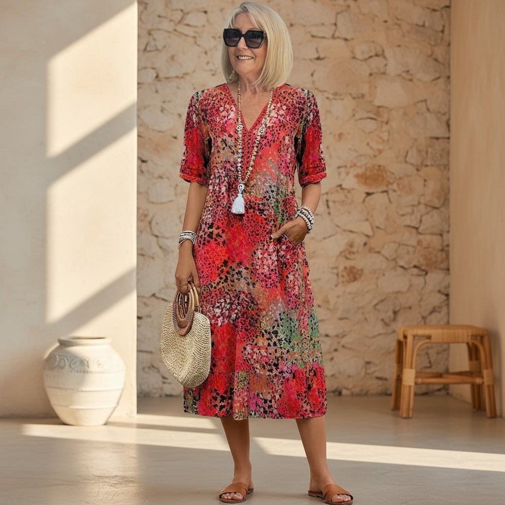 Noelia | Vestido Midi Floral Mujer Escote V Manga Corta
