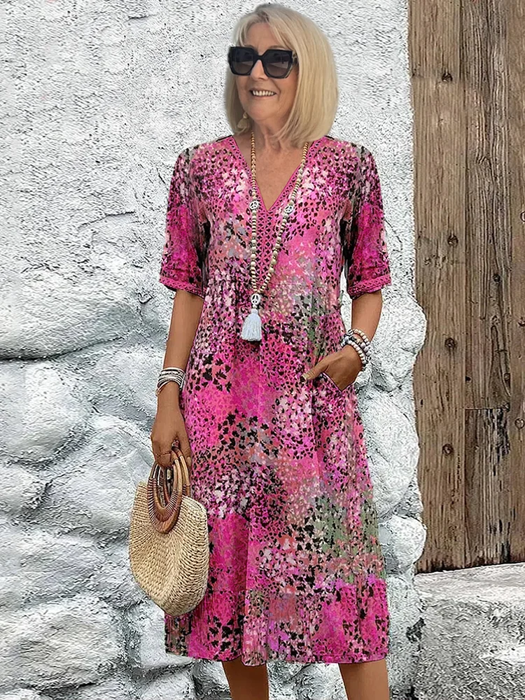 Noelia | Vestido Midi Floral Mujer Escote V Manga Corta