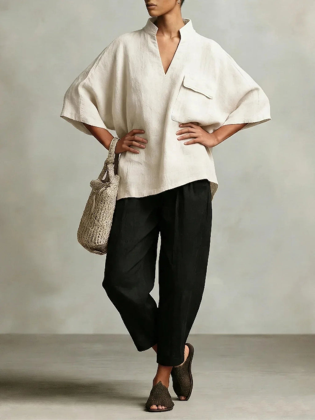 Paloma | Two-Piece Linen Poncho Set with V-Neck for Women