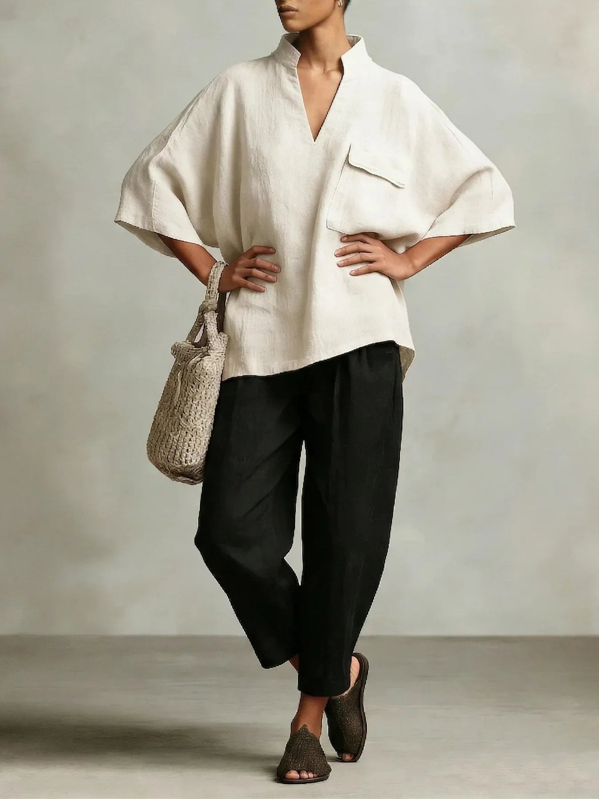 Paloma | Two-Piece Linen Poncho Set with V-Neck for Women