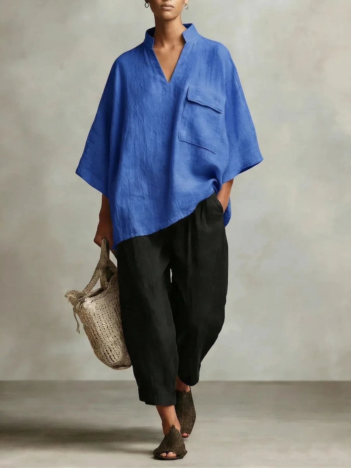 Paloma | Two-Piece Linen Poncho Set with V-Neck for Women