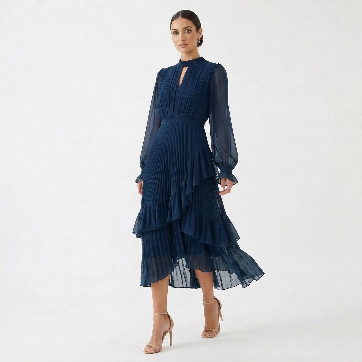 Paloma | Vestido Midi Plisado con Volantes Mujer Cuello Alto