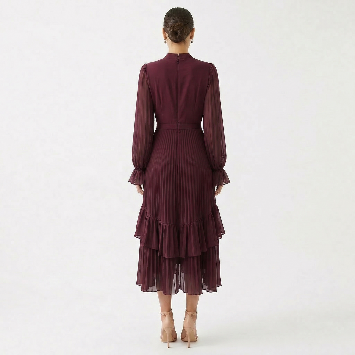 Paloma | Vestido Midi Plisado con Volantes Mujer Cuello Alto