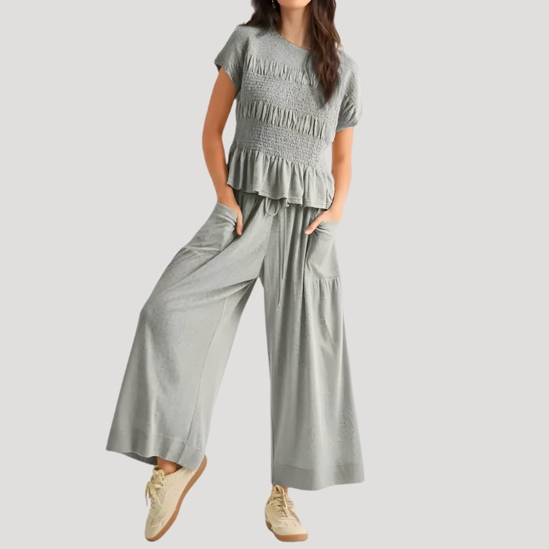 Pilar | Conjunto Casual de Verano Top Peplum y Pantalón Palazzo Mujer