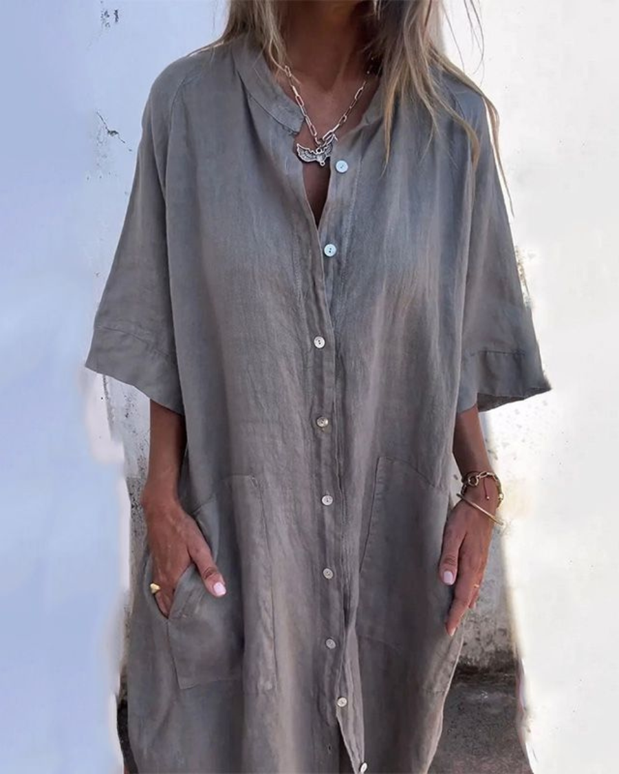 Pilar | Vestido Camisero Largo de Lino Mujer Botones