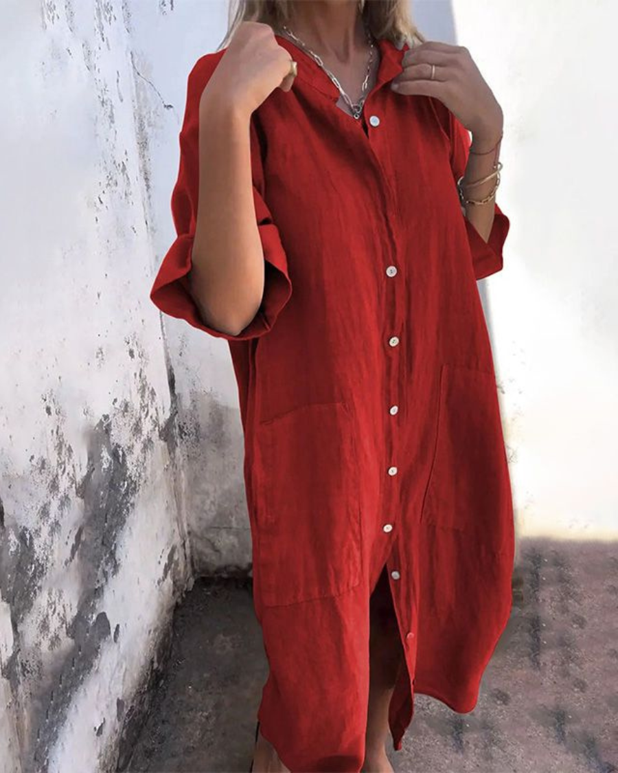 Pilar | Vestido Camisero Largo de Lino Mujer Botones