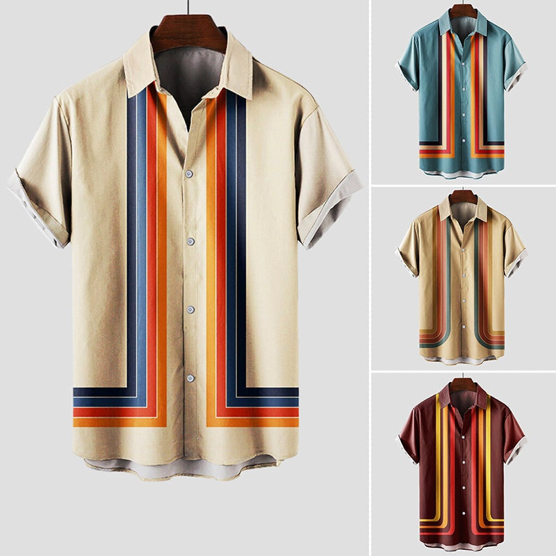 Pol | Camisa Estampada de Manga Corta Hombre Retro Rayas