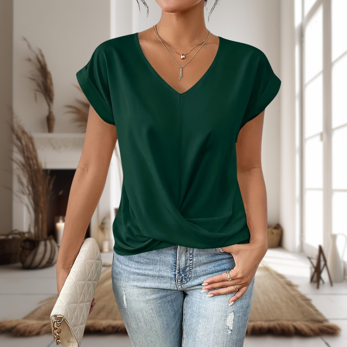 Rebeca | Blusa de Manga Corta Mujer Cuello en V Dobladillo Cruzado