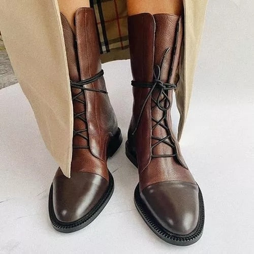 Rebeca | Botines de Piel con Cordones Mujer Planos Caña Media