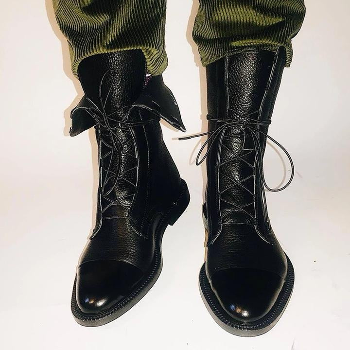 Rebeca | Botines de Piel con Cordones Mujer Planos Caña Media