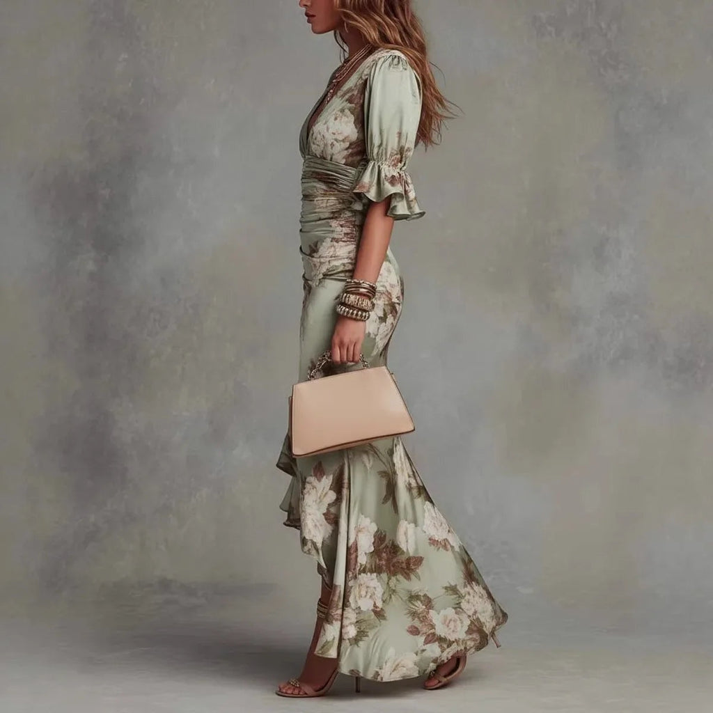 Rebeca | Vestido Lencero Largo Floral Mujer Escote V con Volantes