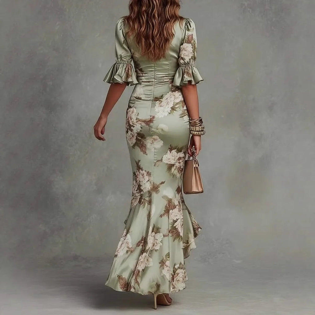 Rebeca | Vestido Lencero Largo Floral Mujer Escote V con Volantes