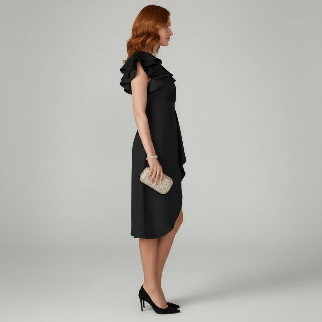 Remedios | Vestido Invitada Otoño con Volantes Mujer Escote V Asimétrico