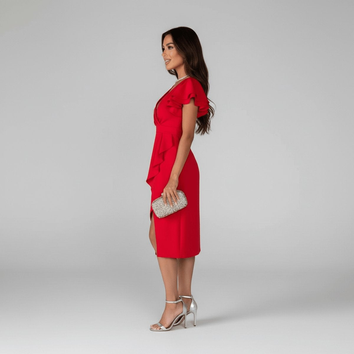 Remedios | Vestido Invitada Otoño con Volantes Mujer Escote V Asimétrico
