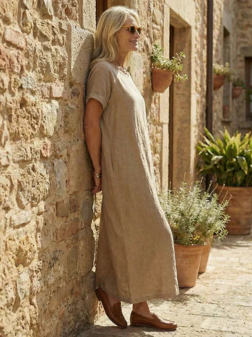 Rosalía | Vestido Largo de Lino Casual Mujer Manga Corta