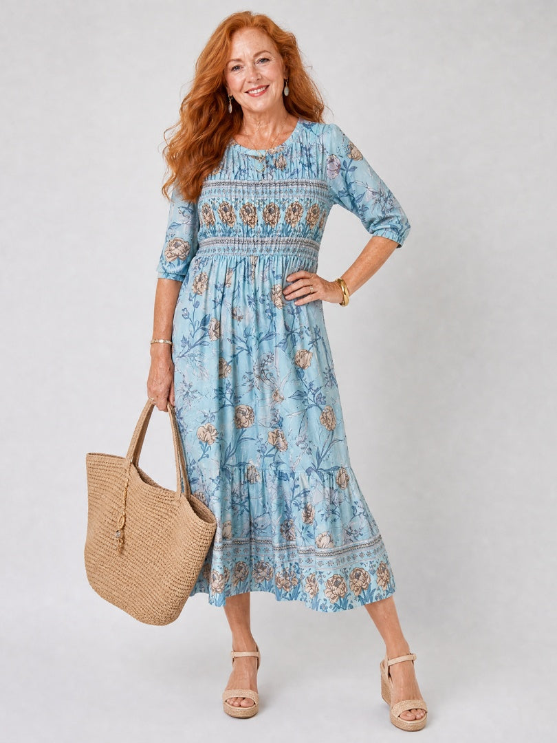 Rosalía | Vestido Midi Floral Mujer Manga Tres Cuartos Cintura Fruncida