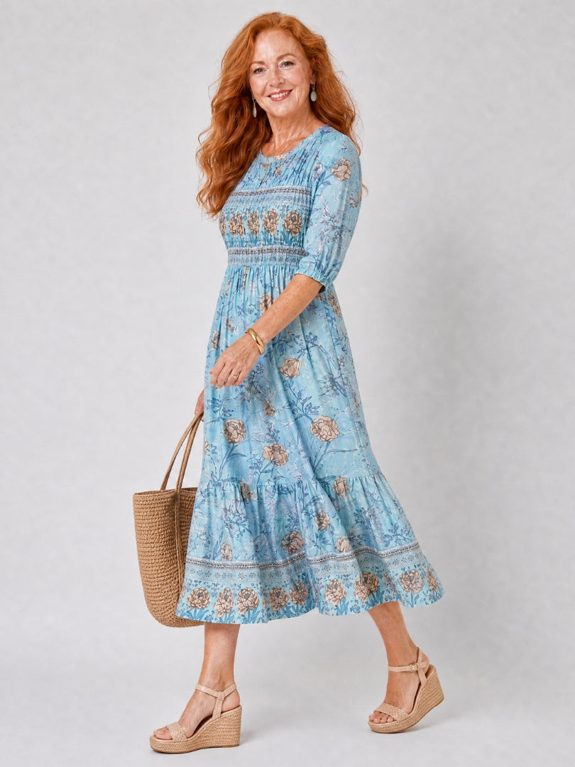 Rosalía | Vestido Midi Floral Mujer Manga Tres Cuartos Cintura Fruncida