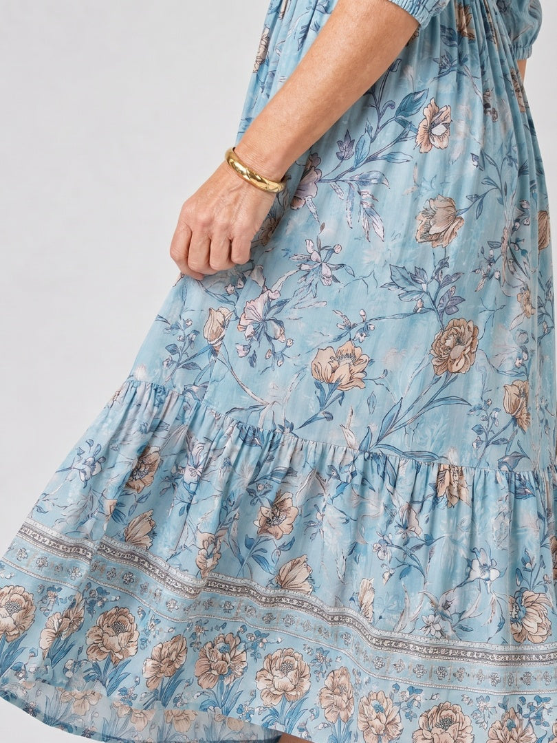Rosalía | Vestido Midi Floral Mujer Manga Tres Cuartos Cintura Fruncida
