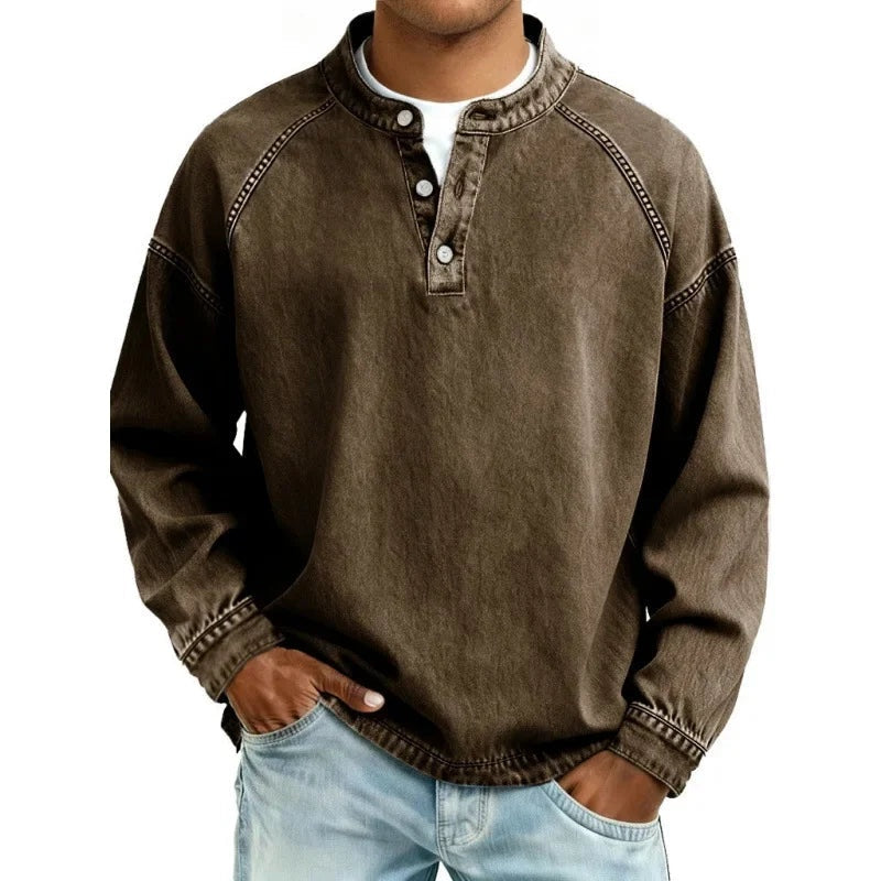 Sergio | Camisa Vaquera Henley de Manga Larga Hombre Oversize