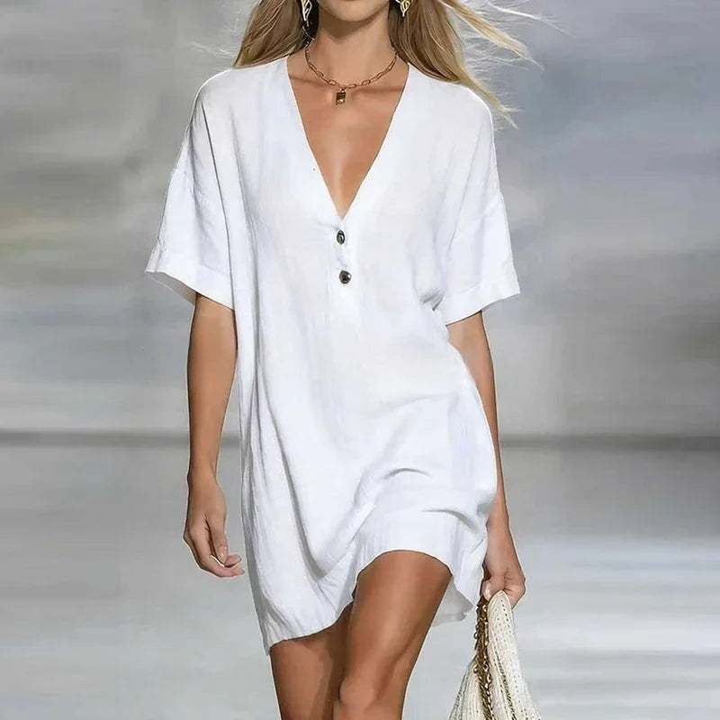 Soledad | Vestido Corto Camisero de Verano Mujer Escote V Botones