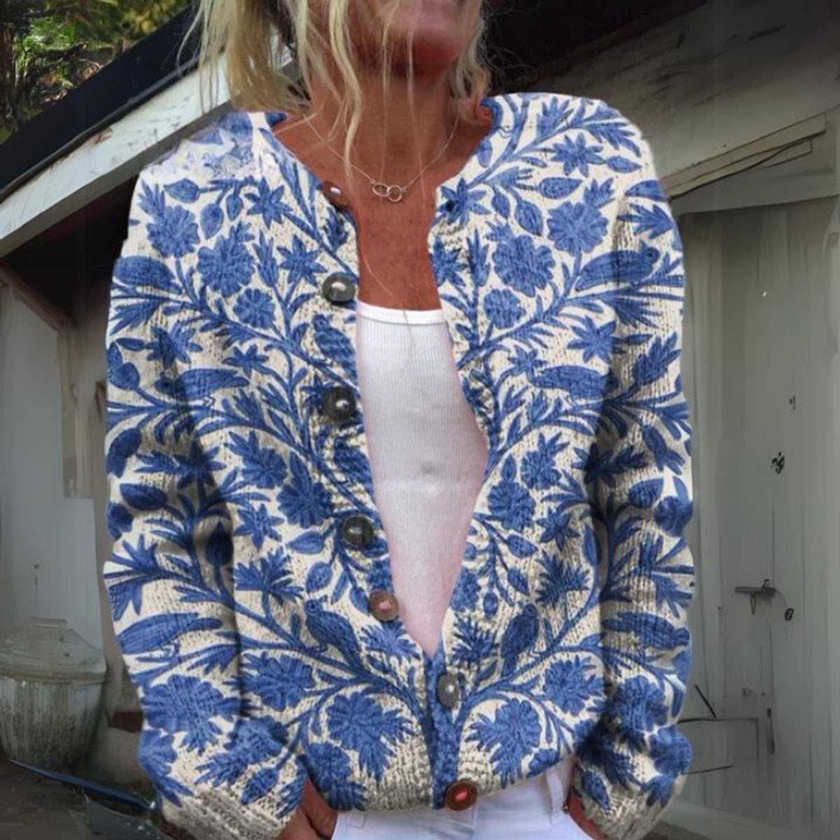 Triana | Chaqueta de Punto Estampado Floral Mujer Botones Madera