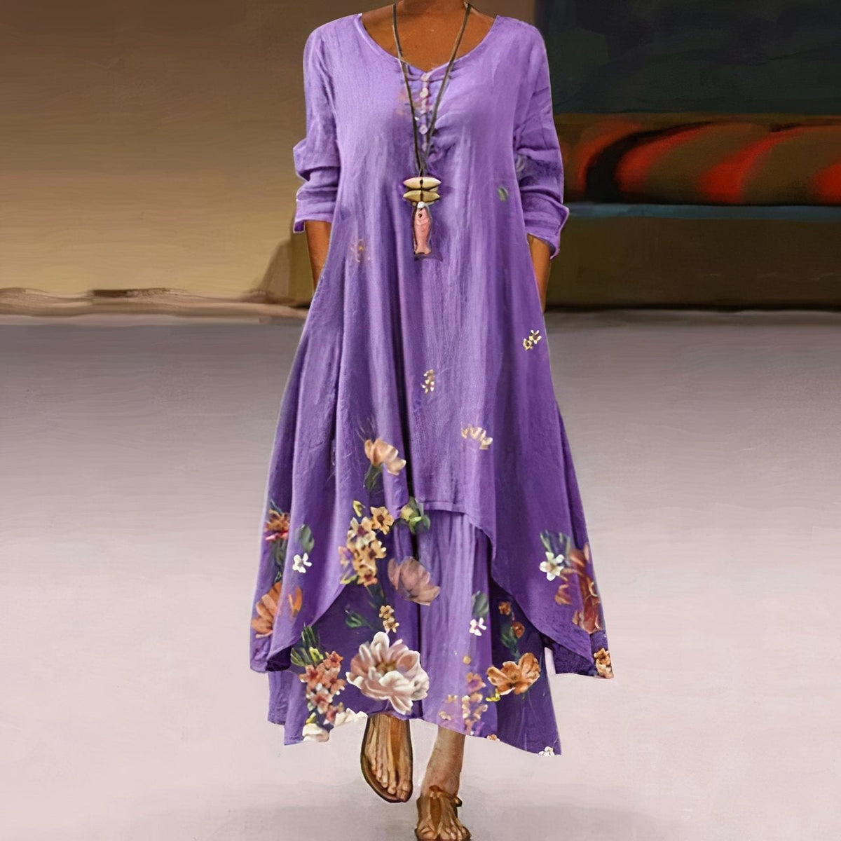 Uxía | Vestido Largo Floral Mujer Manga Larga Asimétrico