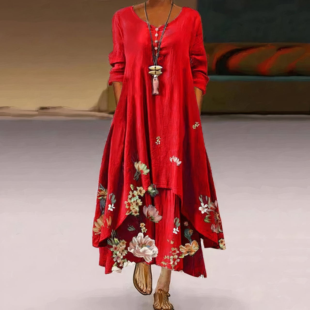 Uxía | Vestido Largo Floral Mujer Manga Larga Asimétrico