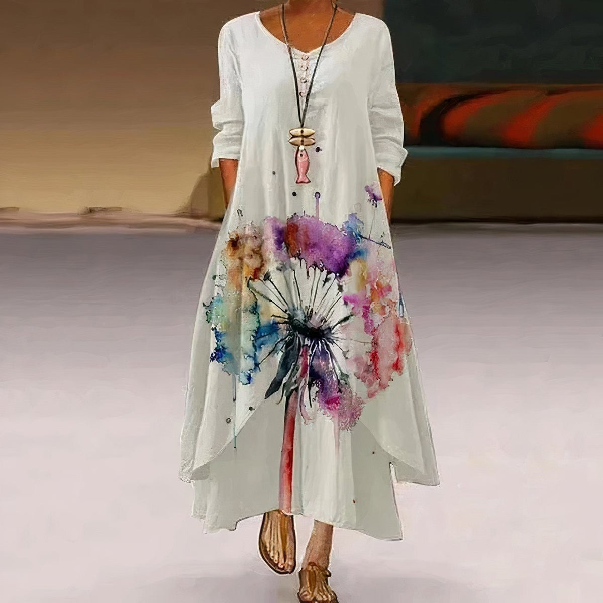 Uxía | Vestido Largo Floral Mujer Manga Larga Asimétrico