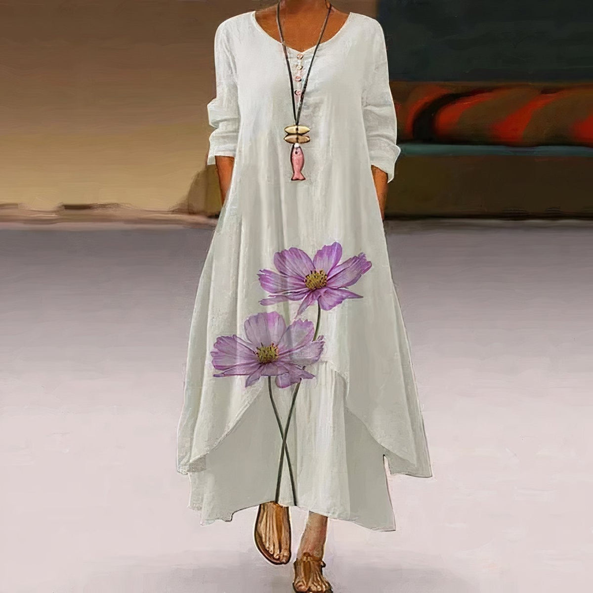 Uxía | Vestido Largo Floral Mujer Manga Larga Asimétrico