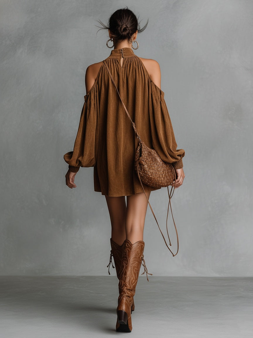 Vega | Vestido Corto de Otoño Holgado de Ante Sintético Mujer Manga Linterna Hombros Descubiertos