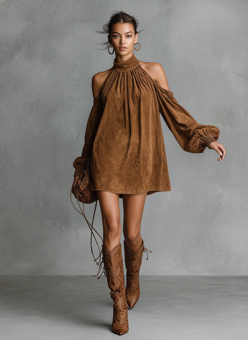 Vega | Vestido Corto de Otoño Holgado de Ante Sintético Mujer Manga Linterna Hombros Descubiertos