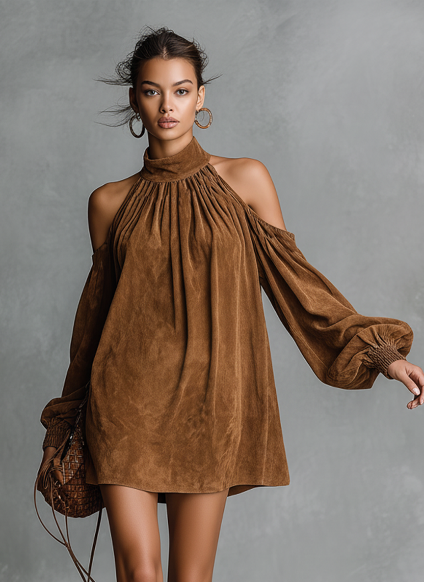 Vega | Vestido Corto de Otoño Holgado de Ante Sintético Mujer Manga Linterna Hombros Descubiertos