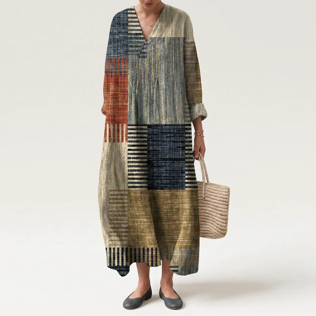 Esther | Vestido Largo de Verano Geométrico Estampado Patchwork Mujer Escote V
