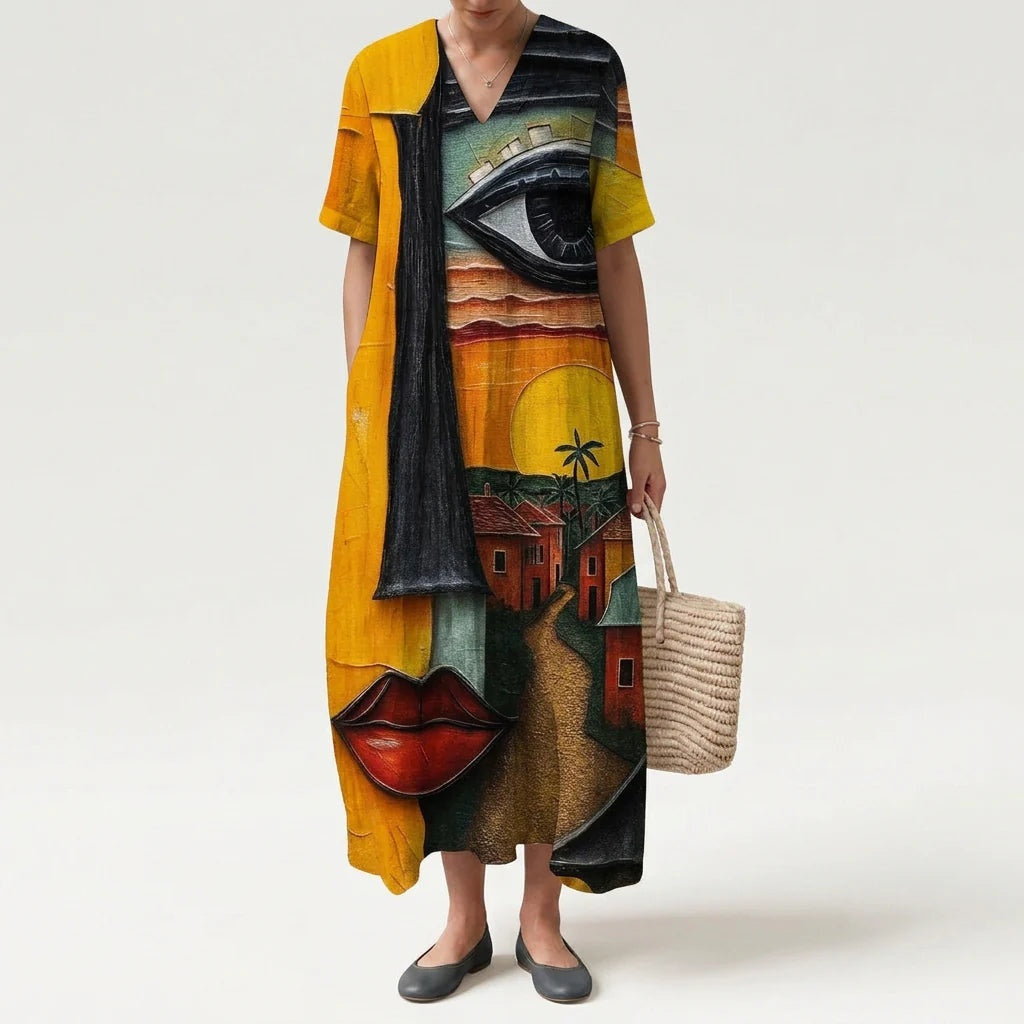 Esther | Vestido Largo de Verano Geométrico Estampado Patchwork Mujer Escote V