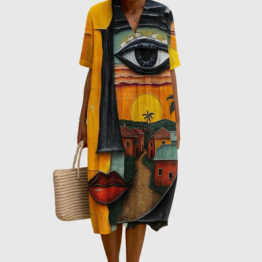 Esther | Vestido Largo de Verano Geométrico Estampado Patchwork Mujer Escote V