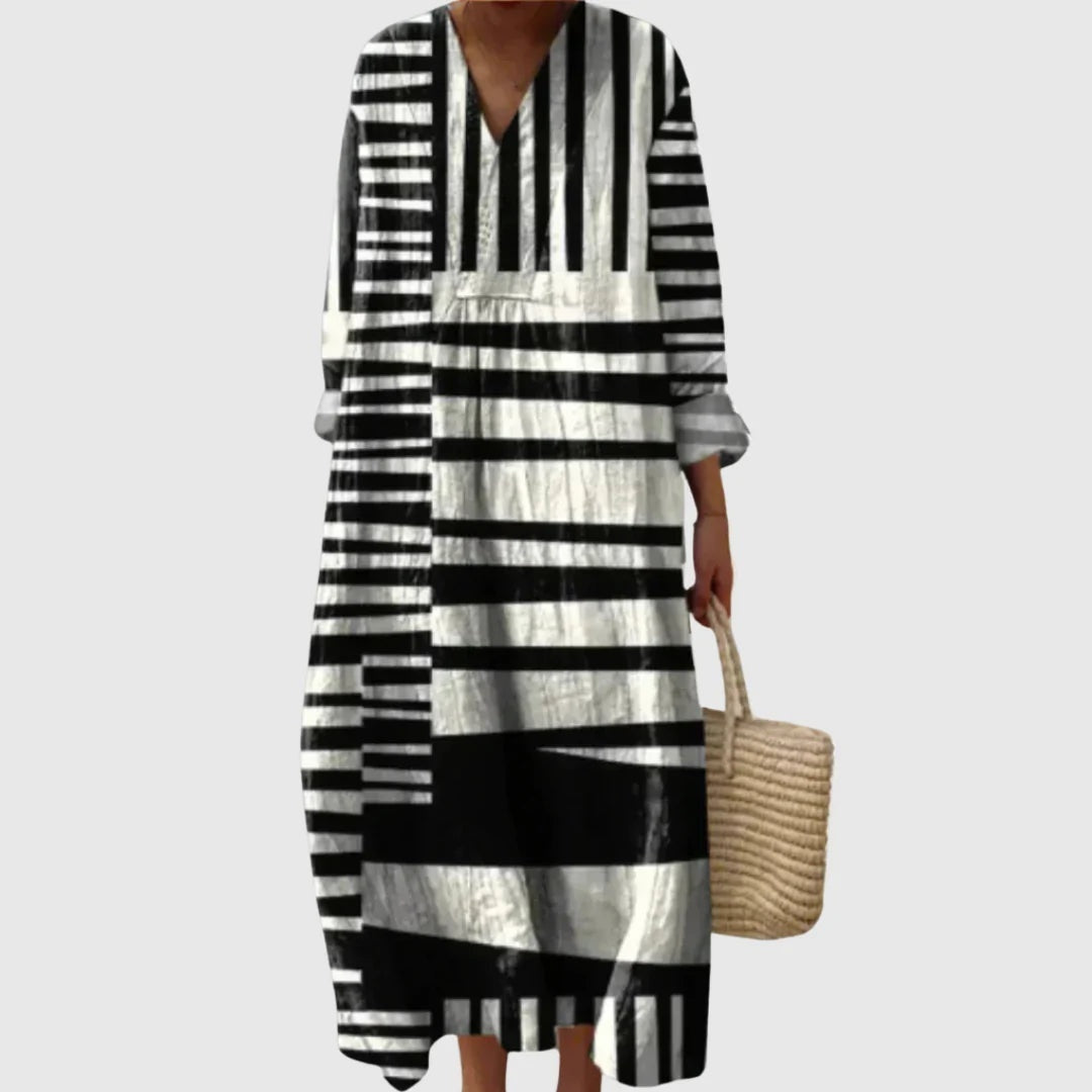Esther | Vestido Largo de Verano Geométrico Estampado Patchwork Mujer Escote V