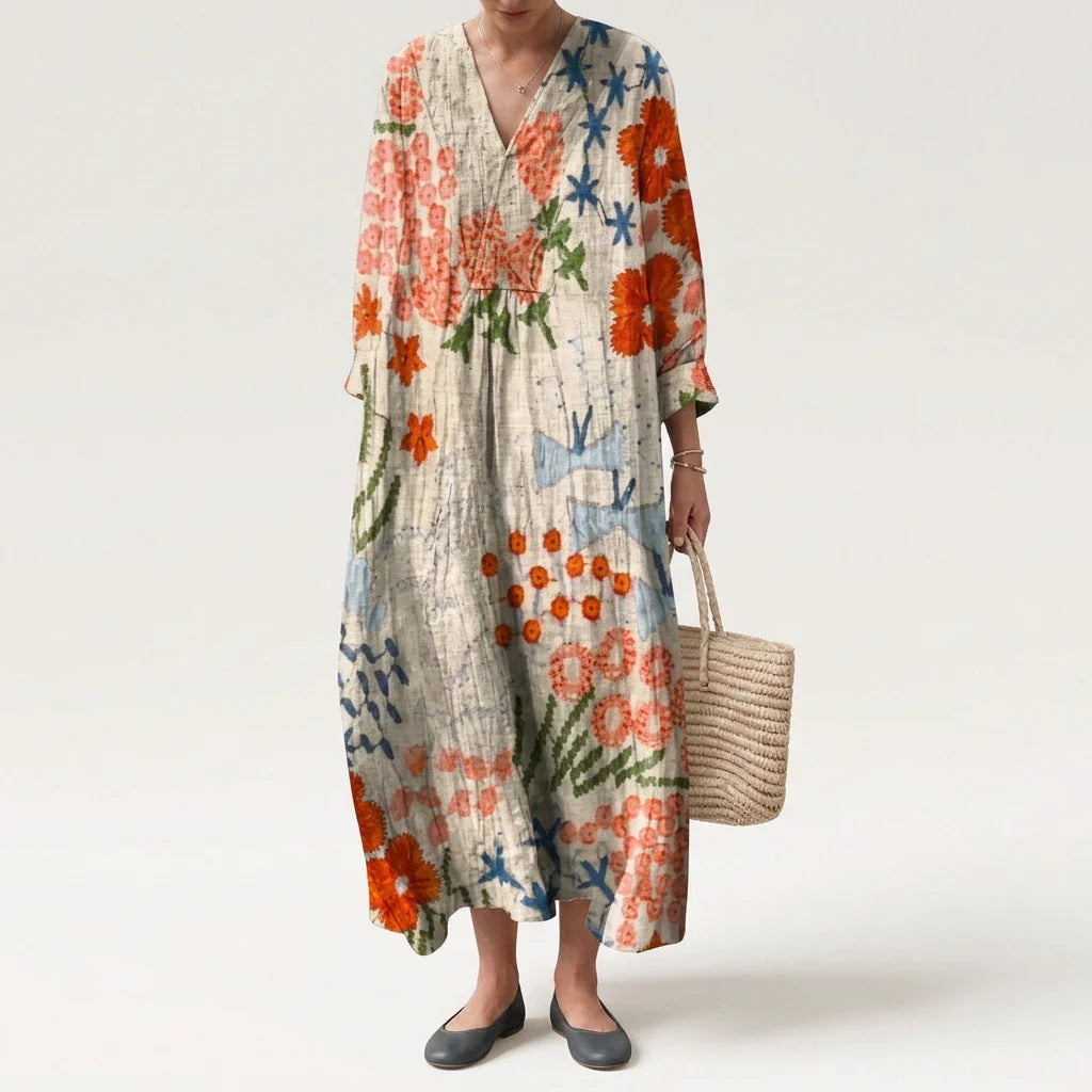 Esther | Vestido Largo de Verano Geométrico Estampado Patchwork Mujer Escote V