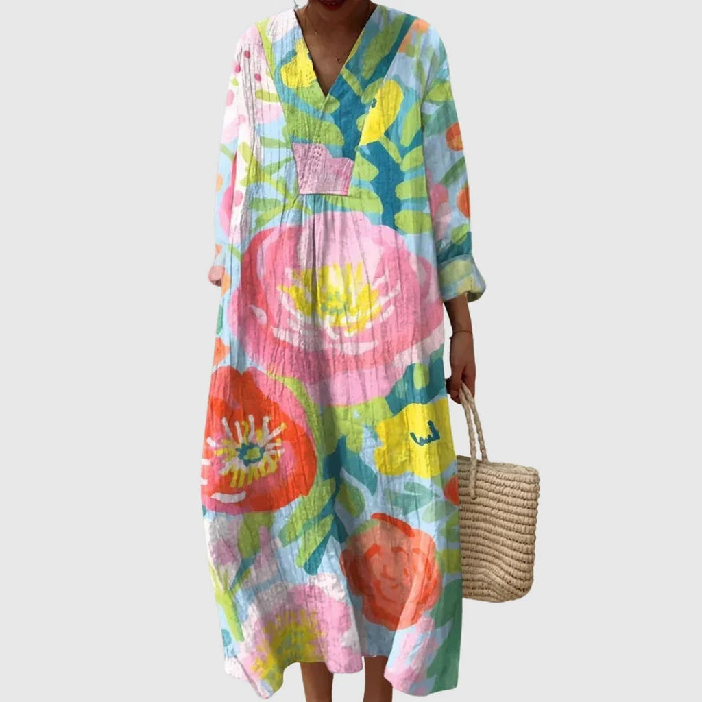 Esther | Vestido Largo de Verano Geométrico Estampado Patchwork Mujer Escote V