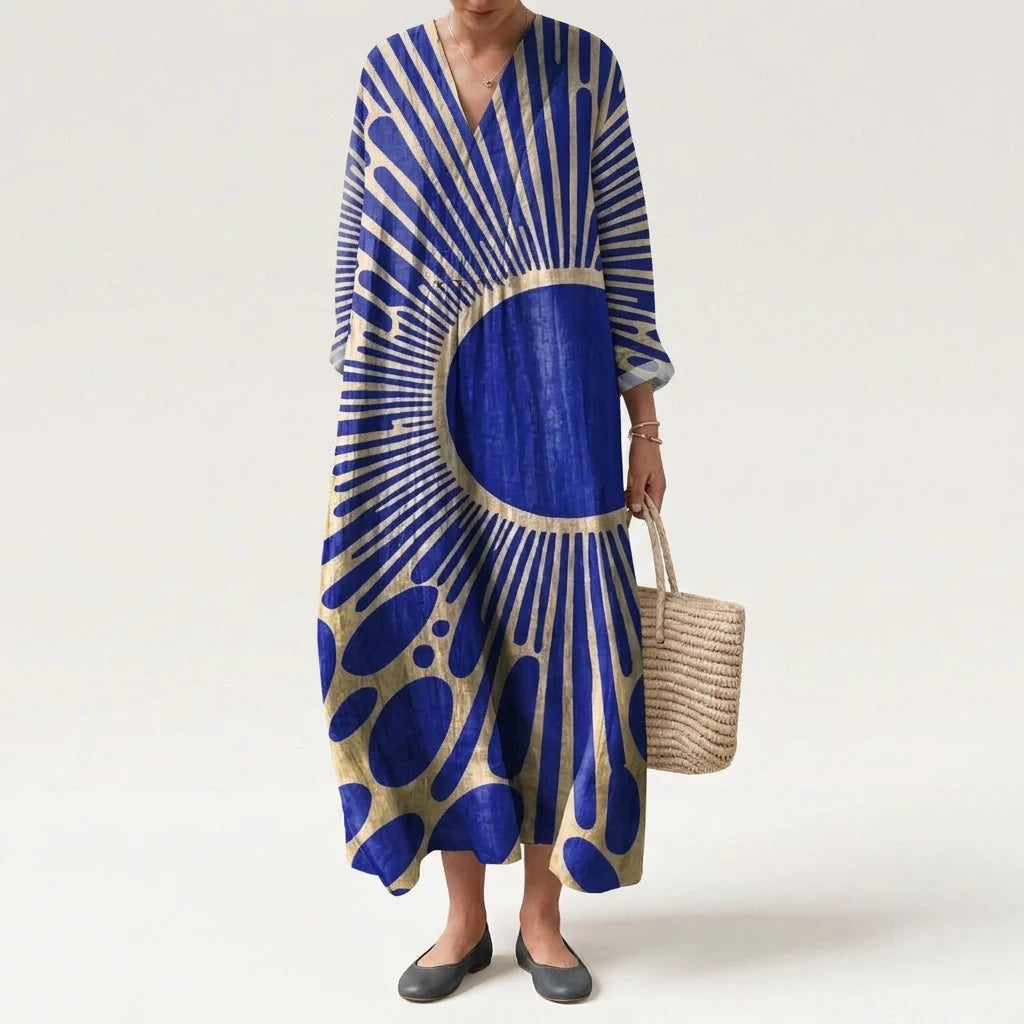Esther | Vestido Largo de Verano Geométrico Estampado Patchwork Mujer Escote V