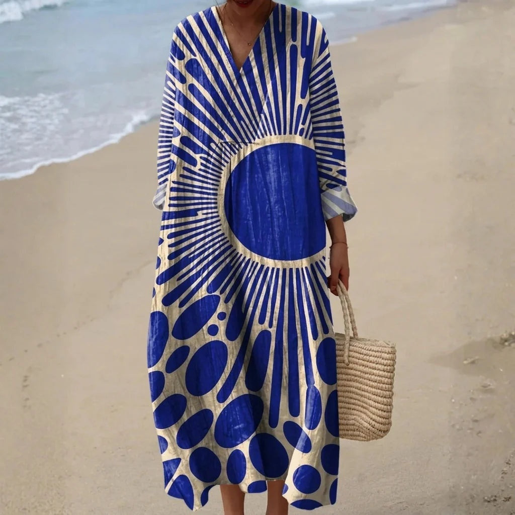 Esther | Vestido Largo de Verano Geométrico Estampado Patchwork Mujer Escote V