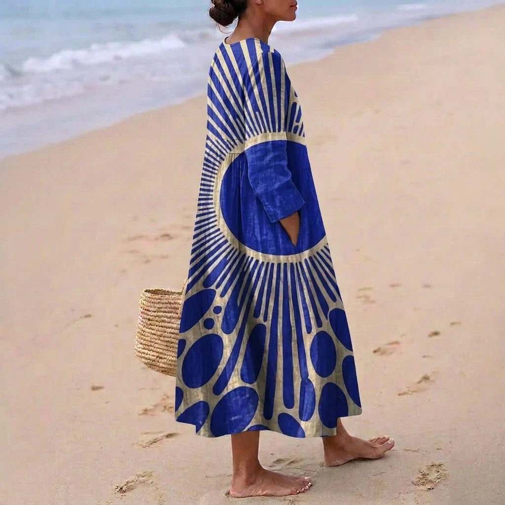 Esther | Vestido Largo de Verano Geométrico Estampado Patchwork Mujer Escote V